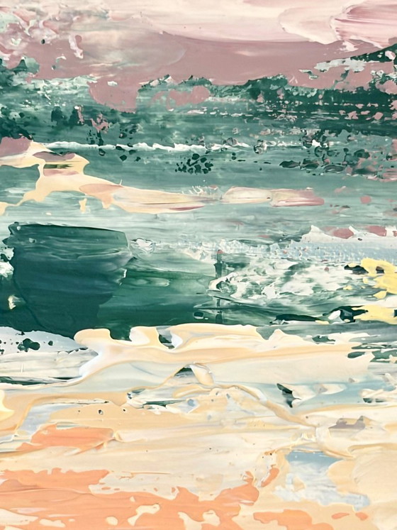 Image 1 of Large abstract diptych with warm orange and soft green tones | Numinosity | 120 x 60 cm