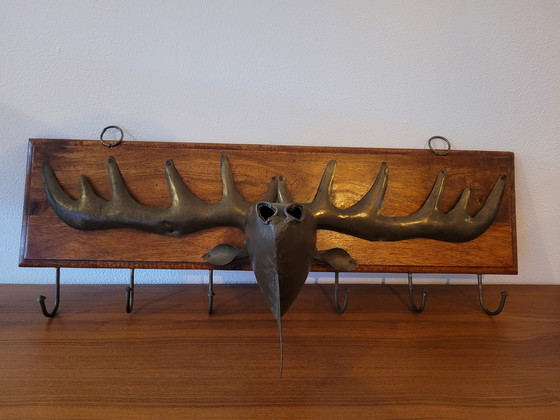 Image 1 of Vintage Wooden Coat Rack with Metal Moose – 6 Hooks
