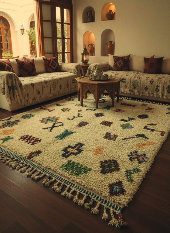 Image 1 of Tapis Marocain Coloré en laine naturelle. Tissé par des artisans