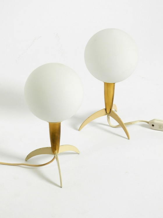 Image 1 of Two Mid-Century Modern rocket table lamps in brass and glass