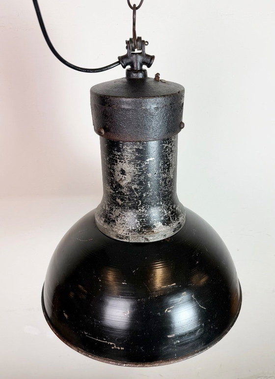 Image 1 of Large Industrial Factory Black Pendant Lamp with Cast Iron Top, 1950s