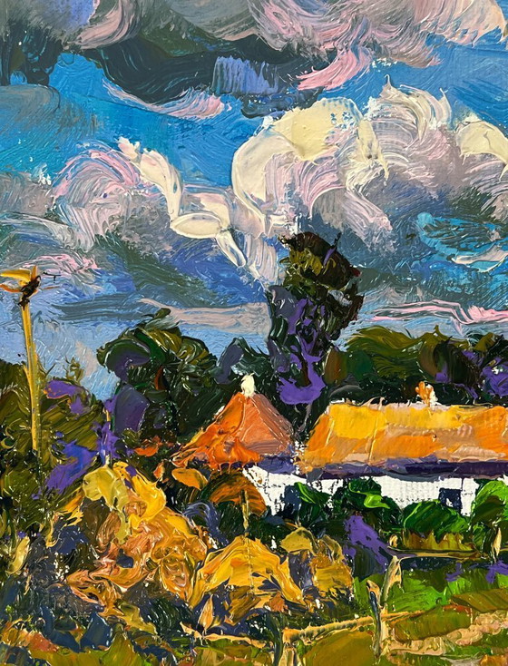 Image 1 of Peinture à l'huile originale Paysage rural Maison Rues de village d'été