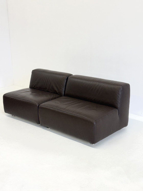 Image 1 of Set van 3 vintage space age modulaire leren sofa / fauteuils in donkerbruin