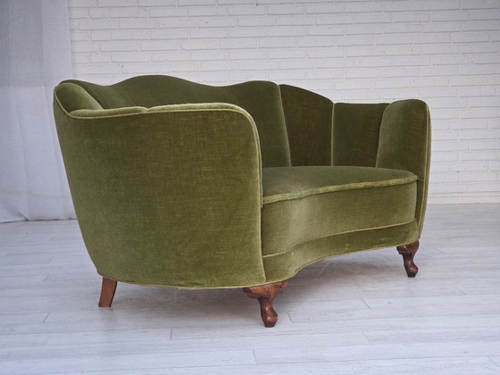 Image 1 of 1960s, Danish Curved 2-Seater Sofa, Green Furniture Velour, Oak Wood Legs