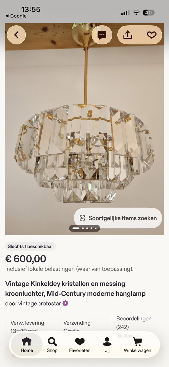 Image 1 of Kinkeldey Kroonluchter Messing & Kristal - Mid-Century
