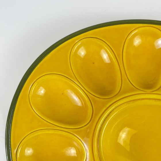 Image 1 of Yellow ceramic egg plate/display stand with hen, 20th century.