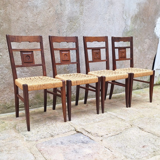 Image 1 of Set of 4 Oak and Rope Chairs by Audoux Minnet 50s