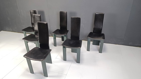 Image 1 of Set van 6 Italiaanse leren en groen gelakte eetkamerstoelen, jaren 1980