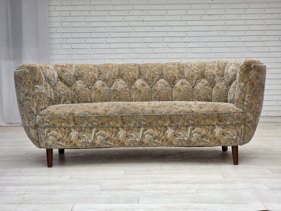 Image 1 of Anni '70, divano danese a 3 posti curvo, tessuto originale multicolore, legno di faggio.