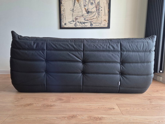 Image 1 of Michel Ducaroy for Ligne Roset Black Leather Togo Sofa and pouf, Set of 2