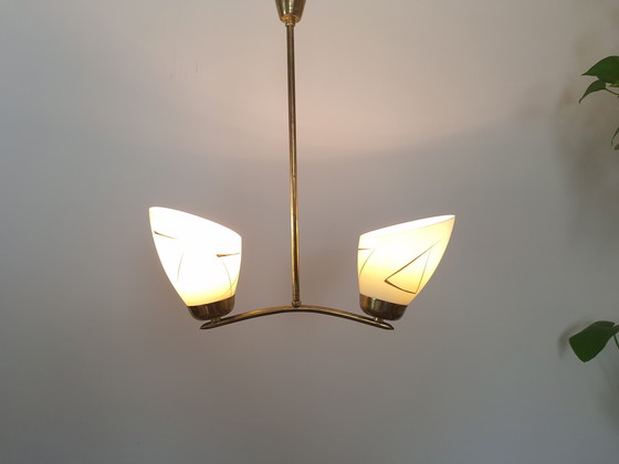 Image 1 of Beautiful art deco chandelier, vintage pendant light, ceiling light, two-arm chandelier, mid-century modern chandelier, Yugoslav