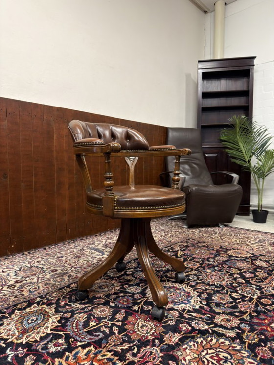 Antique English Chesterfield Office Chair – Leather, Wood (photo 7 of 7)
