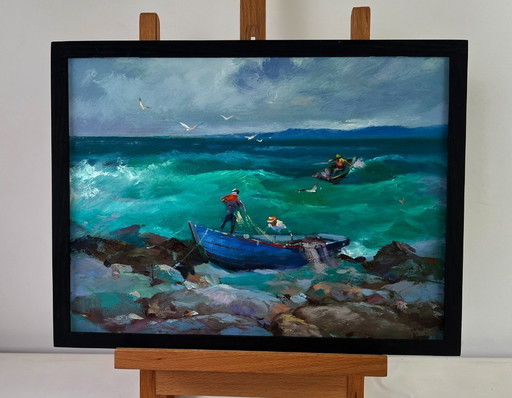 Original Oil Painting Coastal Waves Landscape Fishermen at sea