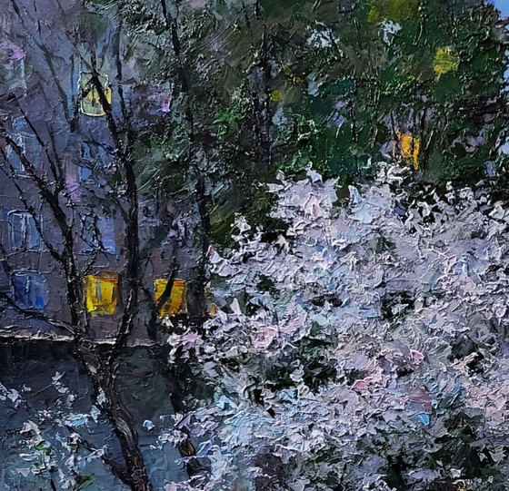 Original Oil Painting Spring City Motif Evening Courtyard in the City – Paintings & Drawings, Canvas (photo 6 of 8)