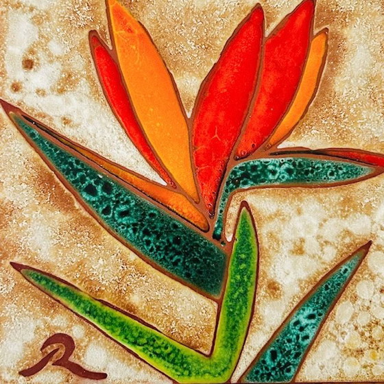 Image 1 of Sottobicchiere vintage in piastrelle Vallauris, decorazione murale Strelitzia di Raymonde Leduc, anni '60.