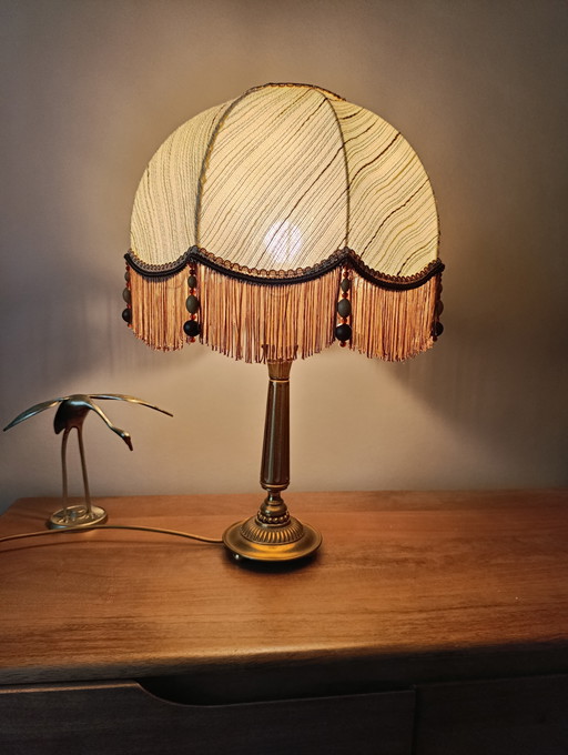 Gilded bronze furniture lamp, silk dome shade and vintage beads