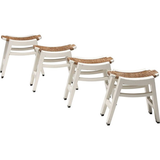 Ensemble de 4 tabourets en jonc vintage de W. Kuyper, années 1950