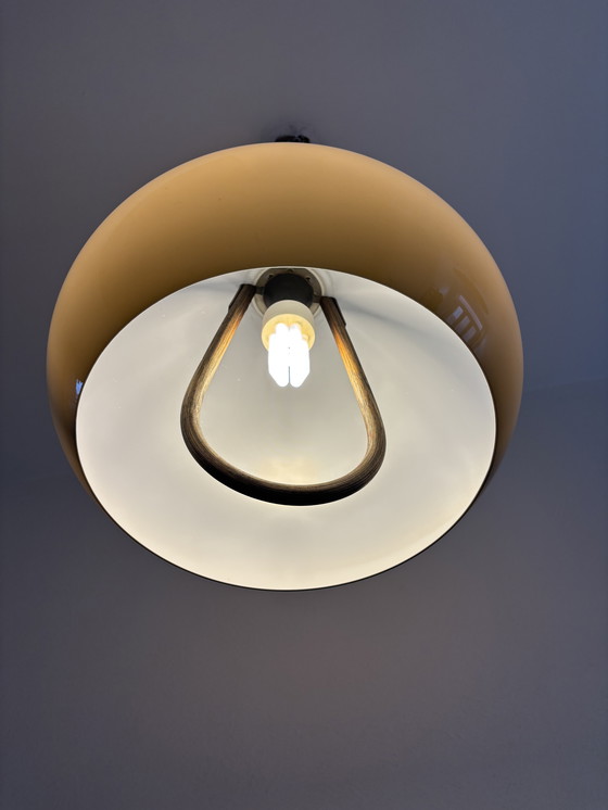 Image 1 of Vintage Brown/Beige Plexiglass 70's Pendant Lamp with Pull Pendant and Wooden Handle