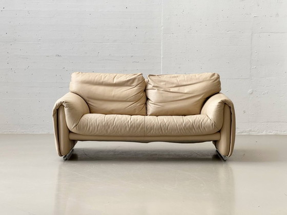 Image 1 of Vintage beige leren tweezitsbank, Zwitserland, jaren 80