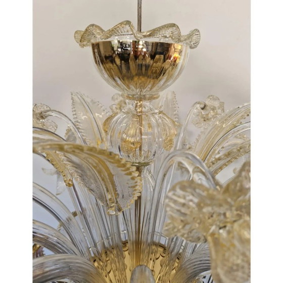 Image 1 of Opulent Gold and Clear Murano Glass Chandelier with Flowers and Leaves