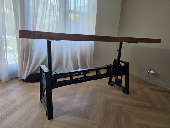 Image 1 of Table de salle à manger industrielle réglable, en bois de manguier et piètement en fonte !