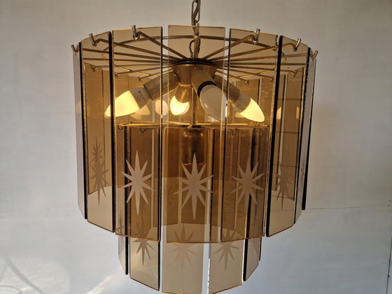 Image 1 of Lámpara de araña en cascada de cristal ahumado estilo Regency