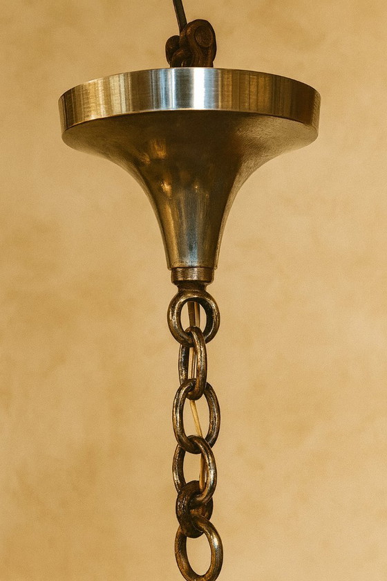 Image 1 of Lustre Art Déco Petitot – 5 feux – Bois, métal et verre ambré 1920