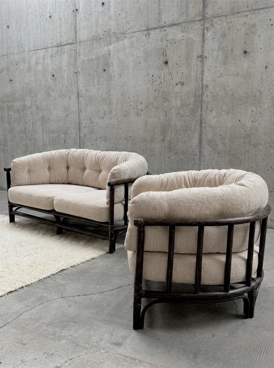 Image 1 of POLTRONA E DIVANO A 2 POSTI IN VELLUTO DI BAMBÙ CREMA, ITALIA ANNI '70