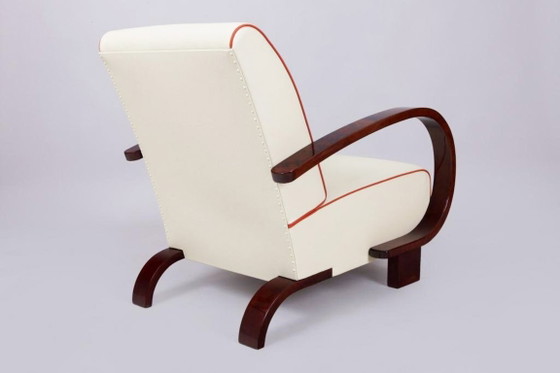 Een paar gerestaureerde art-deco fauteuils, walnoothout, leer, opnieuw gepolijst, Tsjechisch, jaren 1930 (photo 3 of 8)