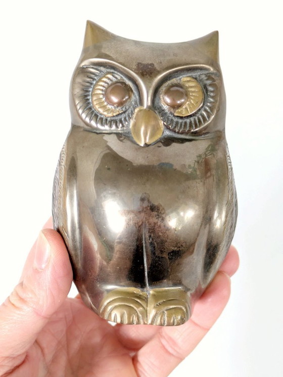 Image 1 of Statuetta vintage di gufo in metallo misto, ottone, bronzo, rame, artigianato indiano, anni '70