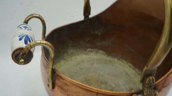 Image 1 of COPPER DUTCH HELMET COAL ASH SCUTLLE BUCKET DELFT BLUE HANDLE BRASS LION HEAD