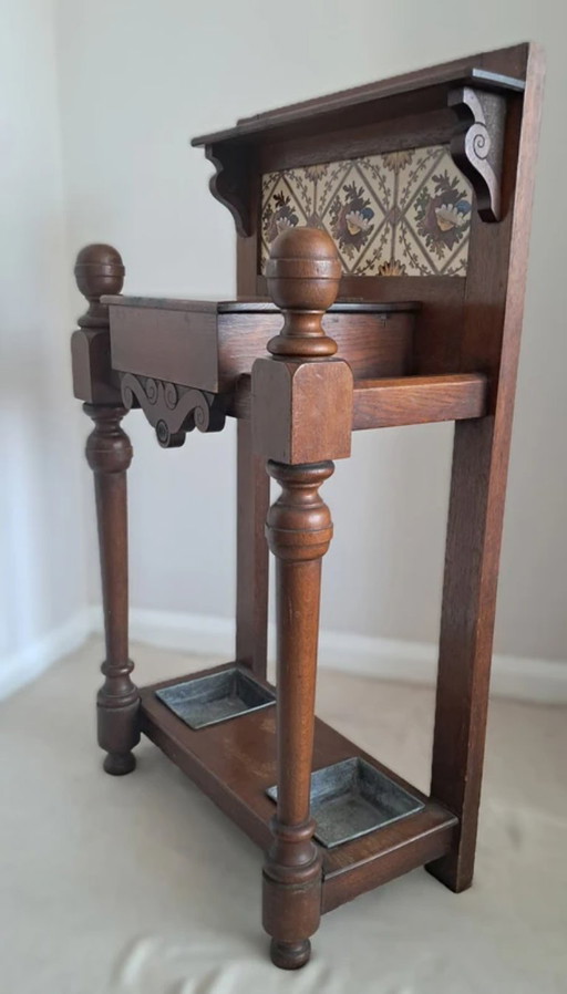 Unique Antique Victorian Oak Hall Stand - Umbrella & Stick Stand with original Floral Tiles