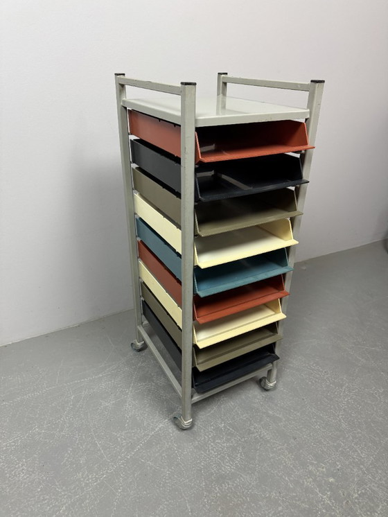 Image 1 of Mid-Century Industrial Gispen Modular Office Trolly with 9 Colorful Pull-Out Bins, The Netherlands 1960s-1970s.