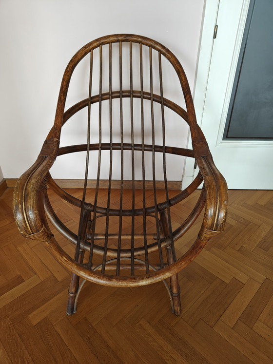 Set Rattan Mid-Century | Sedia, Sedia Girevole & Tavolo in Vetro Fumè – Set da salotto, Glass (photo 6 of 15)