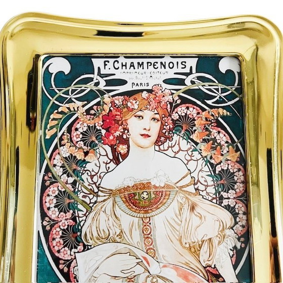 Image 1 of Dipinto vintage Art Nouveau di Alphonse Mucha Cornice in ottone Champenois degli anni '60