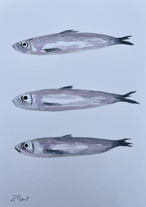 Watercolor sketch "Sardines" signed by the artist, 21x15cm