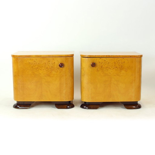 Art Deco Bedside Tables In Root Veneer, Czechoslovakia 1940s