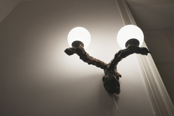 Image 1 of  Vintage Driftwood Wall Lamp Double Opaline Globe Sconce Vine Root Light Fixture Organic Brutalist Lighting Handmade Wall Light 