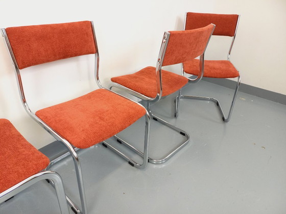 Image 1 of Suite of 4 vintage cantilever chairs in chromed metal and fabric from the 70s