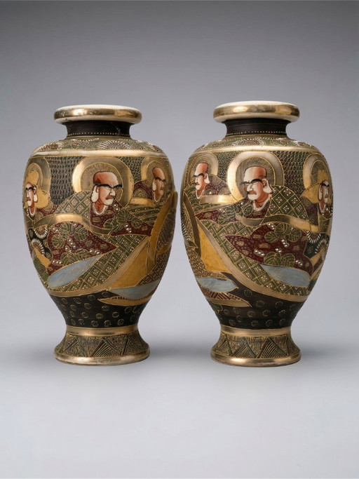 Pair of early 20th-century Satsuma Japanese vases – polychrome and gilt decoration with figures – workshop signature – 31 cm
