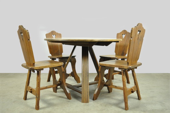 Image 1 of Vintage BRUTALIST oak handmade farmhouse dining chairs, 1930s Netherlands