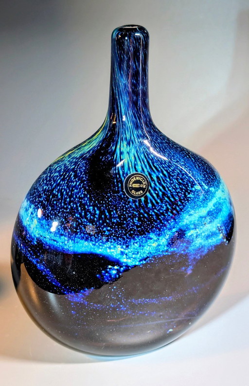 Vase en verre Phoenician Malta 18,5 cm signé Bleu Turquoise Verre d'art Ciel étoilé