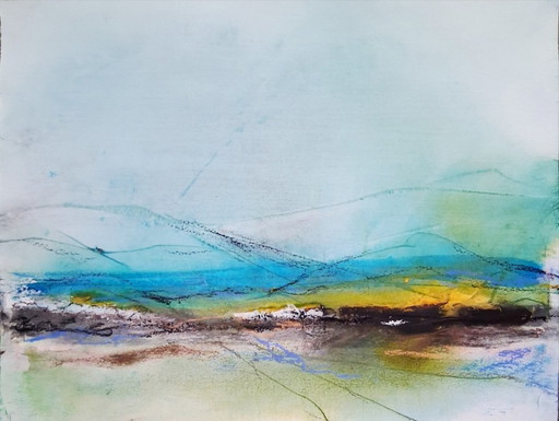 Primavera in collina, acquerello con pastello, dipinto con tecnica bagnato su bagnato