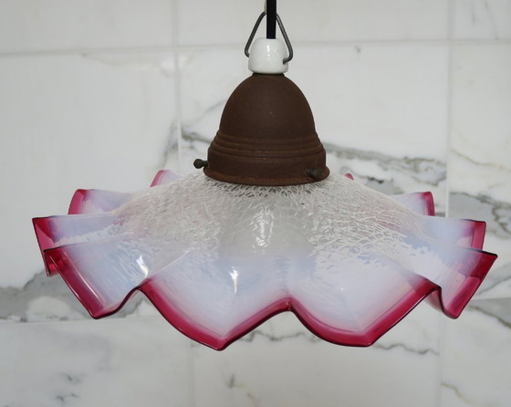 Image 1 of Art Deco glazen hanglamp rood wit zigzag rond