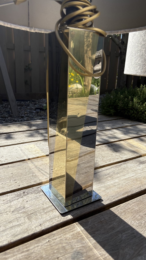 Image 1 of 2 x Paul Evans Skyscraper Style Set Table Lamps with Chrome and Gold Mirrors and Gray Panther Print