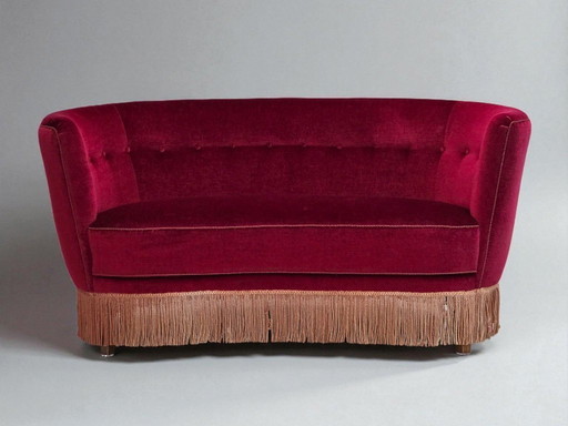 1970s, Danish 2-seater curved sofa, red furniture velour, beech wood.