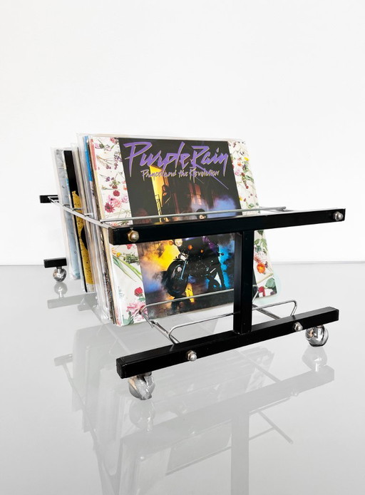 Vintage 80er Jahre Chrom-Vinyl-Regal