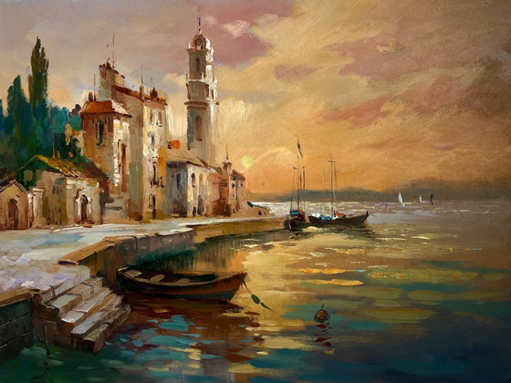 Image 1 of Original Oil Painting Evening City Landscape The flaming evening horizon