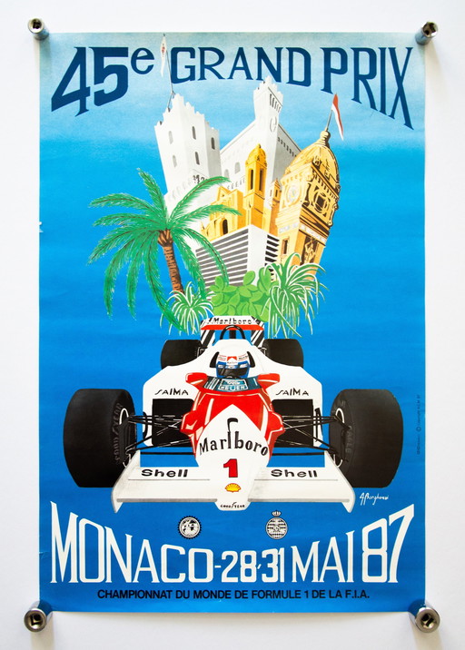 Original Vintage Poster F1 Monaco 45e Grand Prix 1987 / A. Borghersi / Very Rare / 60x40cm