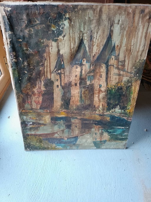 Antiguo óleo sobre lienzo castillo Firmado 1970